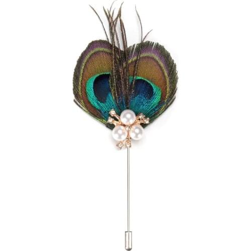 Luxury Peacock Feather Long Neddle Lapel Pins Brooches Pearl Crystal Wedding Corsage Mens Suit Jewelry Accessories Gifts