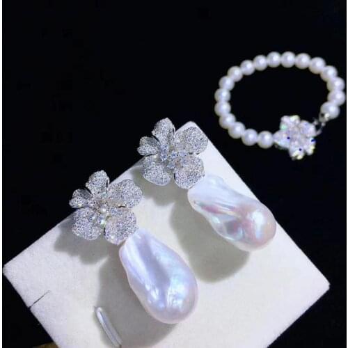 Baroque natural fresh water pearl drop earring and bracelet jewelry set 925 sterling silver with cubic zircon flower