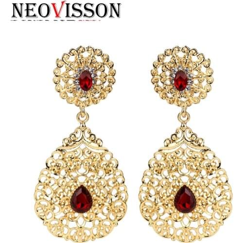 NEOVISSON Algerian Caftan Wedding Drop Earring Gold Color Hollow Out Metal Pendant Indian Jewelry Gift
