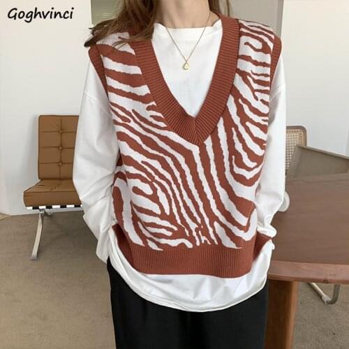 Sweater Vest Women V-neck Zebra Striped Side-slit Loose Lazy Soft Fashion Korean Style Chic Daily Elegant Casual Females Spring