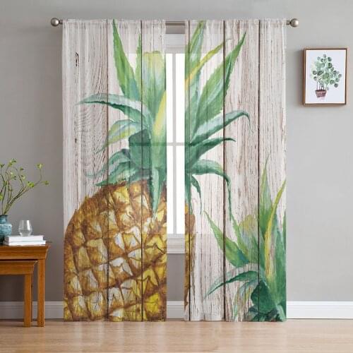 Vintage Wood Grain Tropical Fruit Pineapple Voile Tulle Sheer Curtains for Bedroom Living Room Kitchen Decor Window Curtain