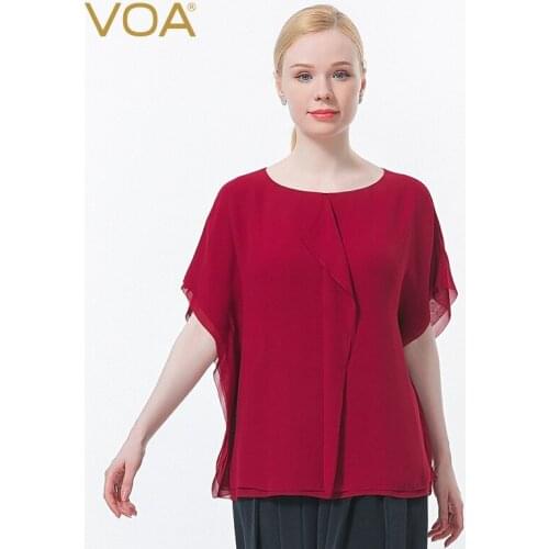 VOA Silk Georgette Wine Red Round Neck Short Sleeve Three-dimensional Decoration Loose Simple Elegant Double T-shirt Woman BE690