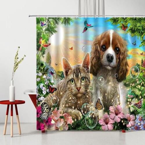 Cute Animals Shower Curtain Cats And Dogs Funny Pets Dream Oil Painting Landscape Bathroom Decor Bath Hanging Curtains Washable