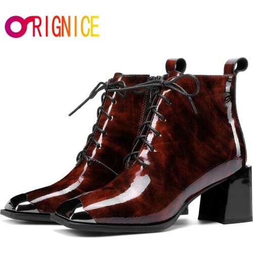 Orignice High Quality Leather Women Ankle Boots Side Zipper Lace Up Metal Square Toe Comfortable Thick Heel Party Dress Shoes
