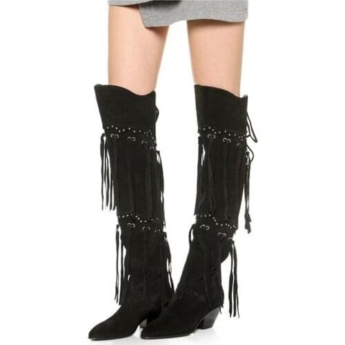 Rivets Studs Fringed Long Martin Boots Eyelet Tassel Suede Leather Over The Knee Boots Pointed Toe Chunky Heels Botas Woman