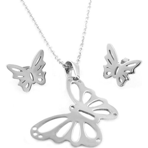 CHIMDOU fashion elegant stainless steel women butterfly jewelry set (pendant necklace+stud earring) charm romantic lady gift