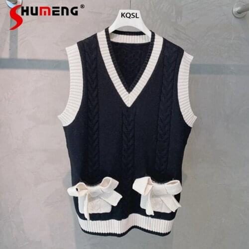 2021 Early Autumn Ladies Fashion V-neck Bow Loose Vintage Knitted Vest Womens England Style V-neck Patchwork Sleeveless Tank