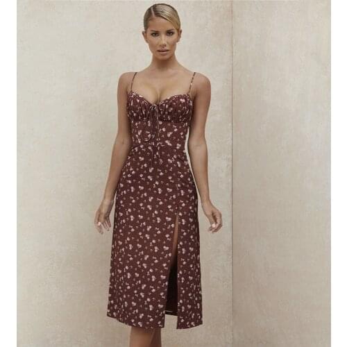 Autumn Woman Split dress Floral Print Tie Front V Neck Elegant Sexy Fashion Ladies Spaghetti Strap Red Wine Dress