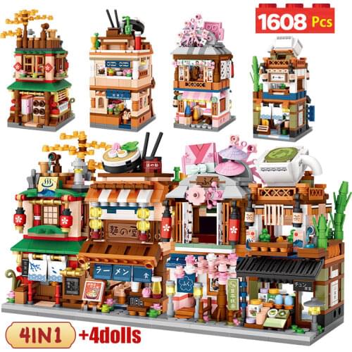 1608pcs Mini City Street View House Japanese Store 4 in 1 Model Building Blocks Architecture Friends Bricks Toys for Girls Gifts