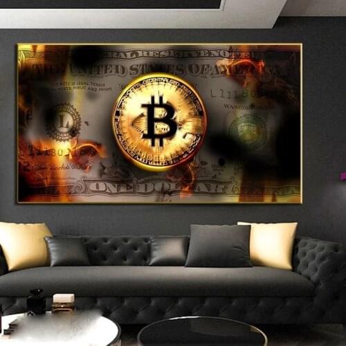 Abstract Burning Bitcoin Canvas Posters and Prints Modern Golden One Dollar Money Canvas Painting Mural Pictures for Home Decor