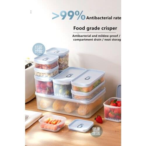 Antibacterial and Mildew Proof Fresh-keeping Box Refrigerator Crisper Kitchen Food Storage Box Fruit Drain Sealed Box