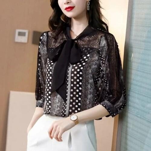 Spring Summer Chiffon Shirts Elegant Aesthetic Blouses V-Neck Dots Print Splice Loose Bow-Knot Tops Ropa De Mujer Blusas MM0699