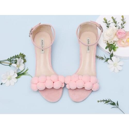 Lovely Pink Furry Ball Girls Sandals Size Size Childrens Shoes Thick Low Heel Open Toe A- line with Fairy Sweet Student New