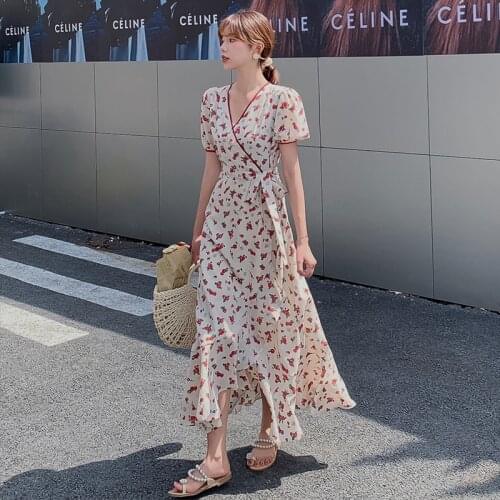 COIGARSAM French Style Chiffon Women Long dress Vintage Floral Print Dresses Design And Color 1025