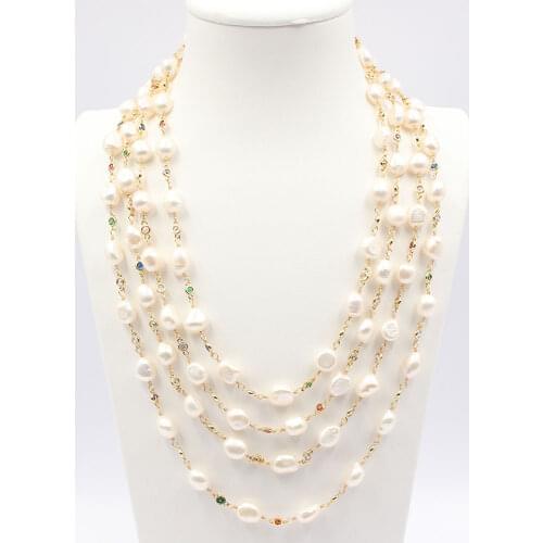 GG Jewelry 18" 4 Strands Freshwater White Baroque Pearl Multi Color Cz Chain Necklace