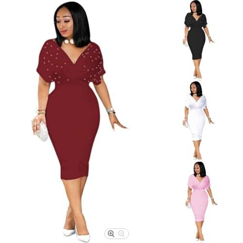 H8825 New Solid Color Strapless V Neck Back Zipper With Beads Plus Sizes Lady Elegant Women Dresses Casual