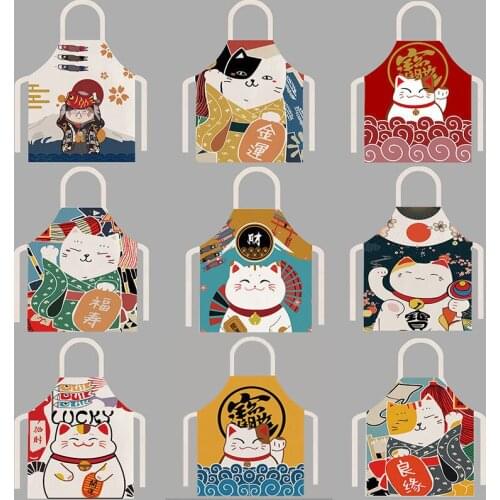 Lucky Cat Cotton And Linen For Men Cooking Baking Accessories Korean Supplies Chef Cute Womens Kitchen Aprons