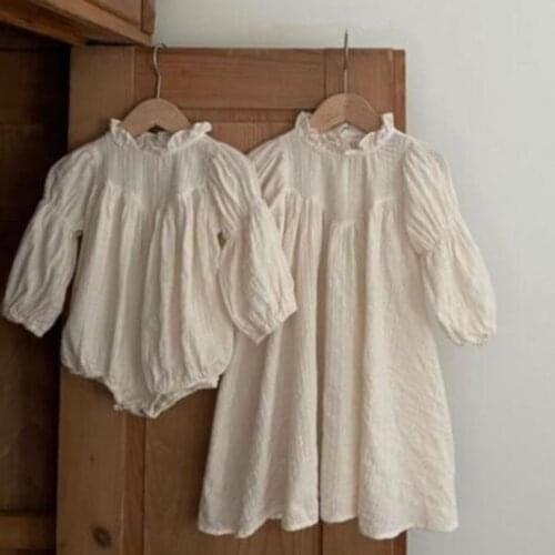 Korean Toddler Girls Lace Romper Solid Casual Long Sleeve Jumpsuit for Newborn Baby Girls Soft Linen Cotton Clothes Autumn