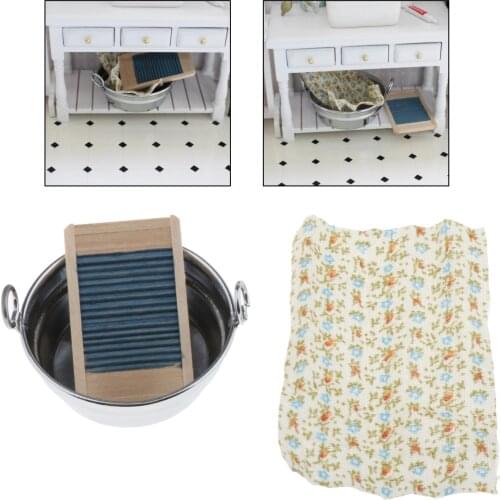 Doll Furniture 1:12 Scale Dollhouse Miniature Wood Washboard Bucket Toy Furniture Accessories