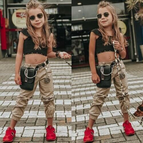 2019 Summer Girls Clothing Set Baby Kids Clothes Suit Children Short Sleeve Plaid T-Shirt Crop Tops+Long Pants Outfit Set