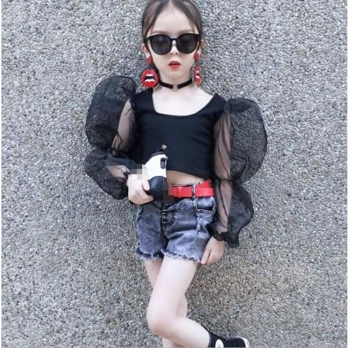 Fashion Kids Baby Girl Mesh Puff Sleeve Tops 2020 Spring Summer Children Girl Sheer Sleeve O-Neck Shirts Solid Crop Tops 0-5Y