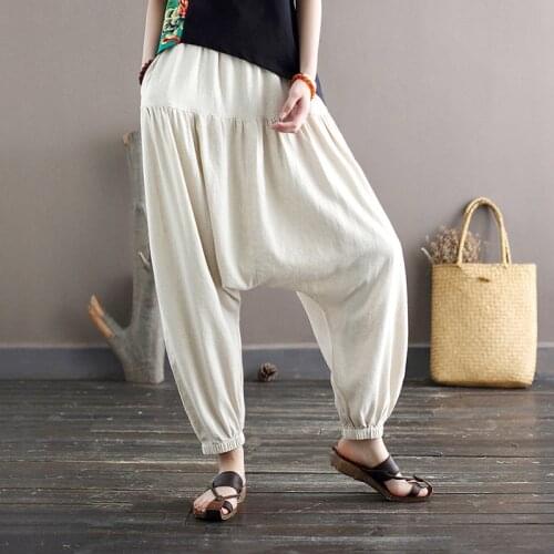 Fashion Loose Femme Casual Elastic Linen Drop Crotch Long Pants Solid Color Haren Pants for Women Summer Ankle Length Trousers