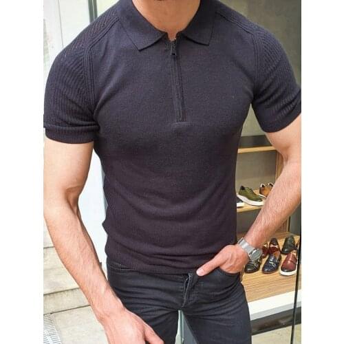 Mens knitted polo shirt spring and summer slim contrast color sweater casual striped short-sleeved shirt