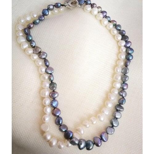 2 rows 11mm white 9mm gray black colors flat baroque pearl necklace real Natural freshwater pearl Women Jewelry 43cm 17
