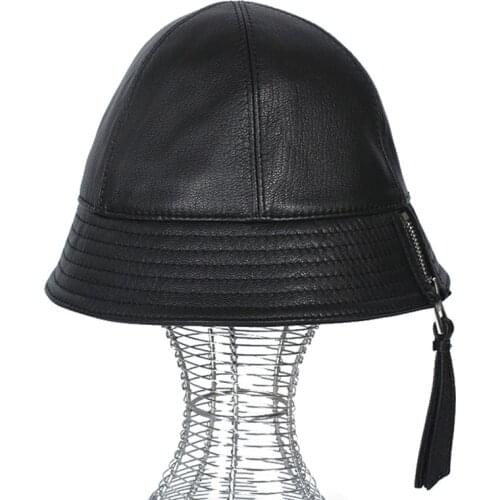 Korean/Japanese Fashion Spring Women Genuine Leather Bucket Hats Female Zipper Street Basin Caps Men Fishing Brown Gorra