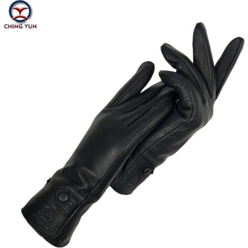 CHINGYUN 2019 New Womens Gloves Genuine Leather BuckskinWinter Woman Flannel lining Female Black about Button fashion Mittens