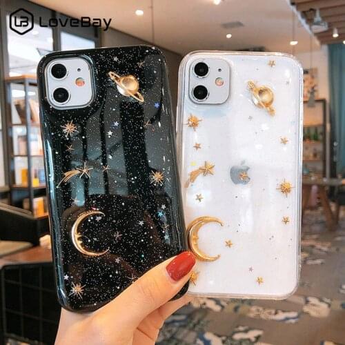 Lovebay Clear Bling Moon Stars Phone Case For iPhone 12 7 8 6 6s Plus 11 Pro X XR XS Max Glitter Planet Soft TPU Silicone Cover