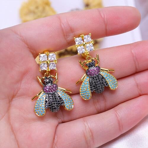 JUWANG 2021 Luxury DIY Drop Earrings For Women Cubic Zirconia Beetle Bee Pendant Hoop Earrings Fashion Jewelry Brincos Pendients