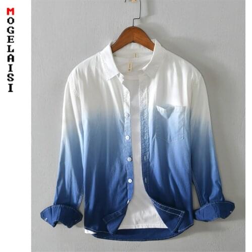 New 2020 men shirts100% cotton long sleeve tops blue shirts casual Breathable soft Gradient shirt chemise homme 835