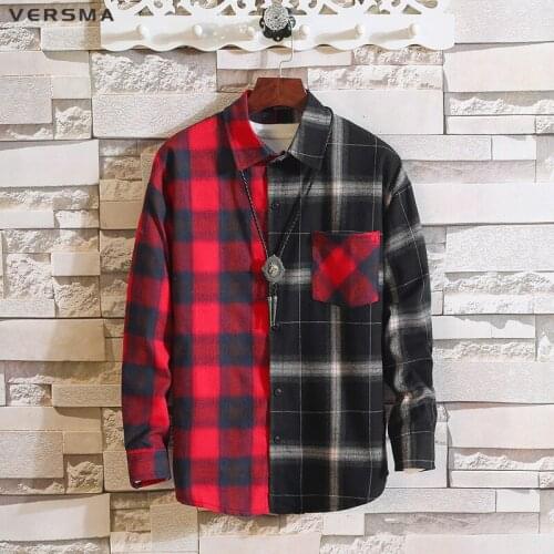VERSMA Japanese Harajuku Vintage Plaid Patchwork Shirts Men Women Autumn Kpop High Street Hip Hop GD Oversized Couple Shirt Male
