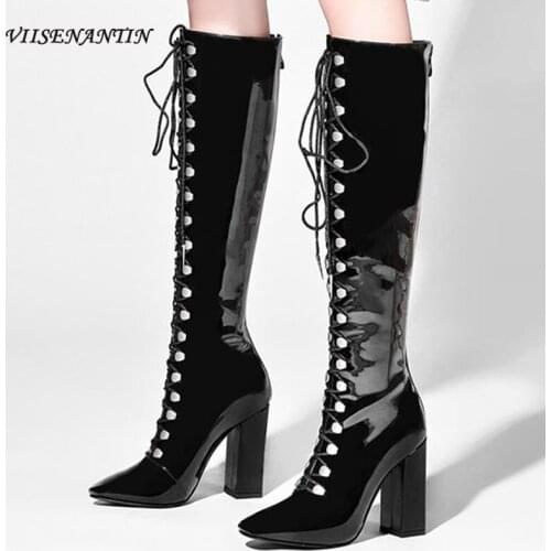 New European and American Low Heel Square Toe Stovepipe Zip Knee-high Boots Mirrored Patent Leather T-tied Mid-heel Boots Women