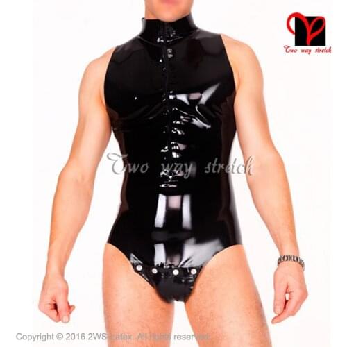 Sexy black Latex swimsuit leotard Sleeveless front zipper codpiece Rubber bodysuit catsuit unitard high cut leg body suit TC-030