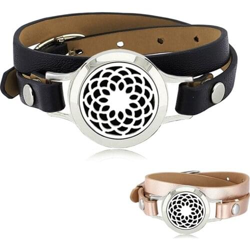 Silver Color 25mm stainless steel magnetic essential oil diffusing bracelet locket with genuine leather band (free felt pads)