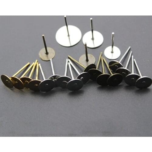 200pcs/lot Silver Gold Plated Blank Post Earring Studs Pins 4 6 8 10 mm Flat Round Tray Base Ear Jewelry Findings DIY Component