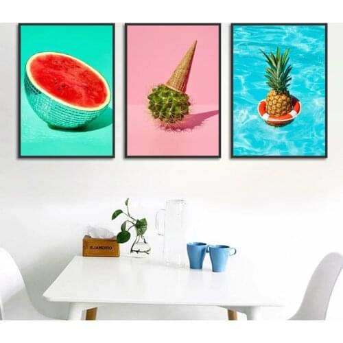 Nordic Dessert Pink Wall ArtCanvas Painting Ice Cream Cake Watermelon Pineapple Fruit Foods Print Posters Picture Shop Decor