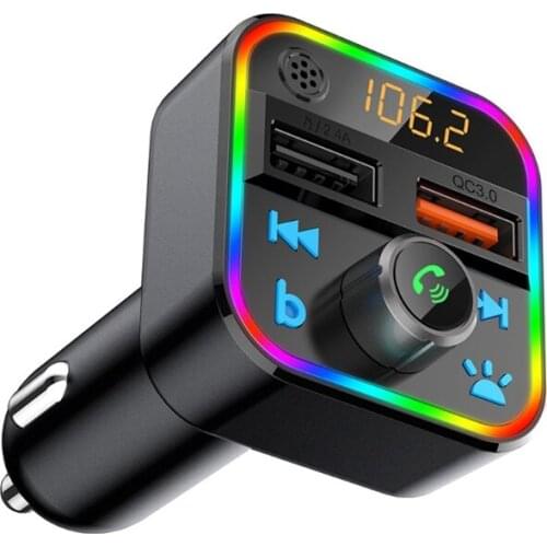 FM Transmitter Car Kit Bluetooth 5.0 Car Radio Audio Adapter with QC3.0 Quick Charge&RGB Colorful Light,Car Charger with One Key