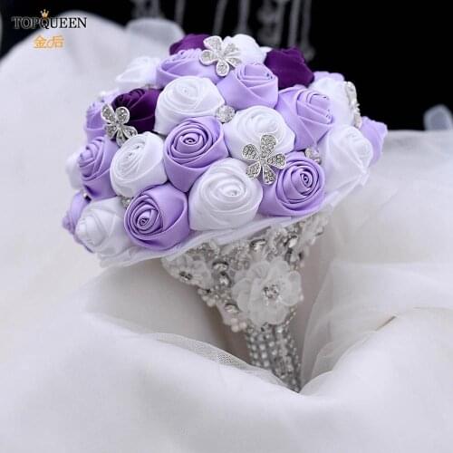 TOPQUEEN Brooch Bouquet Handmade Lavender White Flower Rhinestone Bridesmaid Bridal Wedding Bouquet Marriage Accessories F7-G