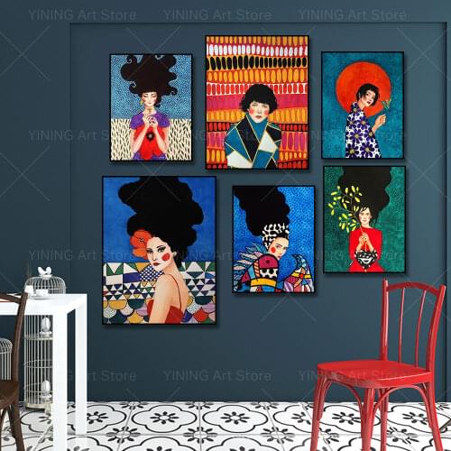Vintage Painted Woman Nordic Painting Canvas Print Poster Wall Art Picture For Living Room Home Decor Wall DecorationFrameless