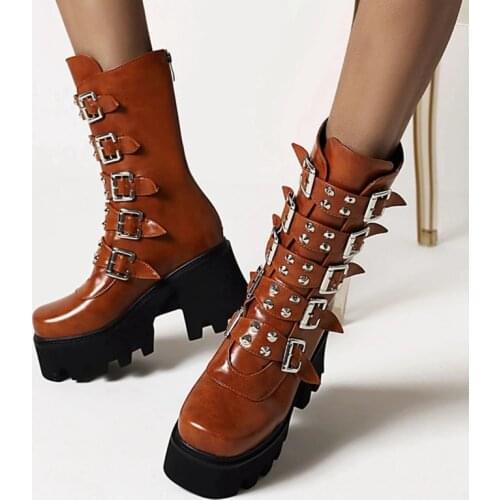 Winter Gothic Punk Womens Platform Boots Black Buckle Strap Zipper Creeper Wedges Shoes Mid Calf Military Combat Boots
