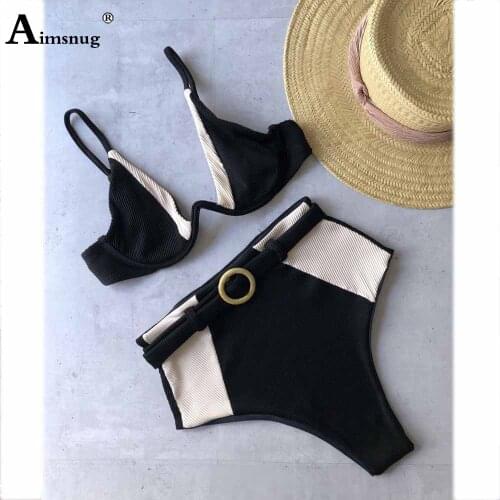 Aimsnug Women Bikini Sets Buckle Up Swimsuit Two Pieces Swimwear European Style 2021 Patchwork Bathing Suits Sexy Femme Clothing