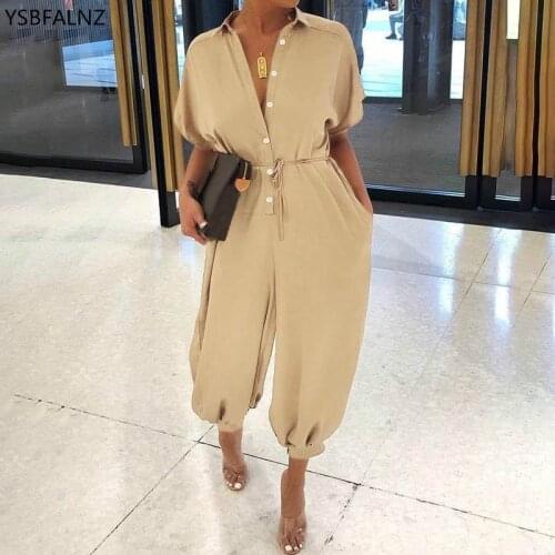 Women Vintage Jumpsuits 2020 Summer Short Sleeve Plus Size Romper Casual Loose Buttons Black Cargo Pants Overalls Playsuits 5XL