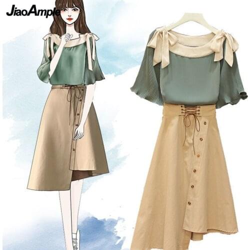 Large Size Womens Two Pieces Clothing Set Summer 2021 Fashion Bow Shirts+Asymmetrical Skirts Suit Lady Casual Joker Streetwear