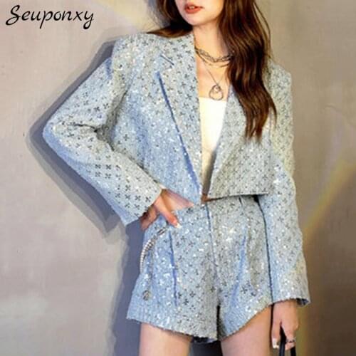 High Quality WomenS 202 Autumn Slim Sequin 2 Two-Piece Set Sexy Lapel Long Sleeve Short Blazer+ High Waist Shorts Party Set