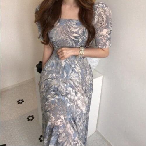 2021 Summer Water-color Printed Korean Chiffon Long Dress Women Short Sleeve Square Collar Belted Pleated Elegant Dresses Femme