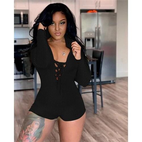 Autumn Spring Long Sleeve Skinny Bodysuit Women Winter Autumn Winter Solid Deep V-neck Casual Body Top Jumpsuit Hooded Jumpsuits