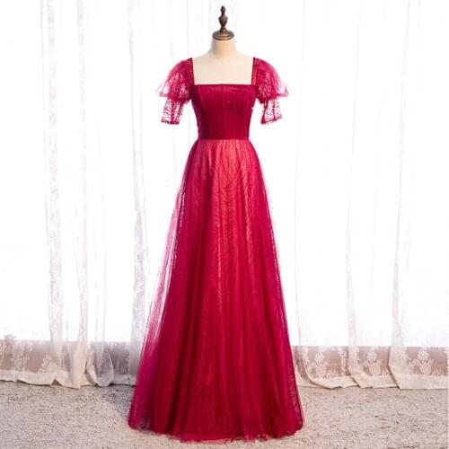 Bespoke Occasion Dresses Illusion Square Collar Short Sequined Beading Backless Lace Tulle Luxury Lady Formal Evening Gown HB223